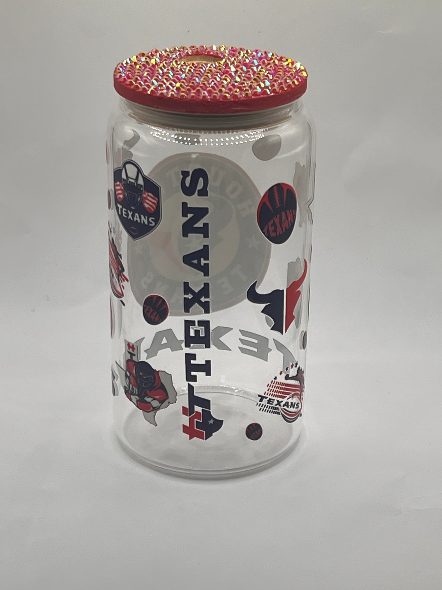 Houston Texans Clear Glass Cup With Decorative Lid - Red , Blue and White