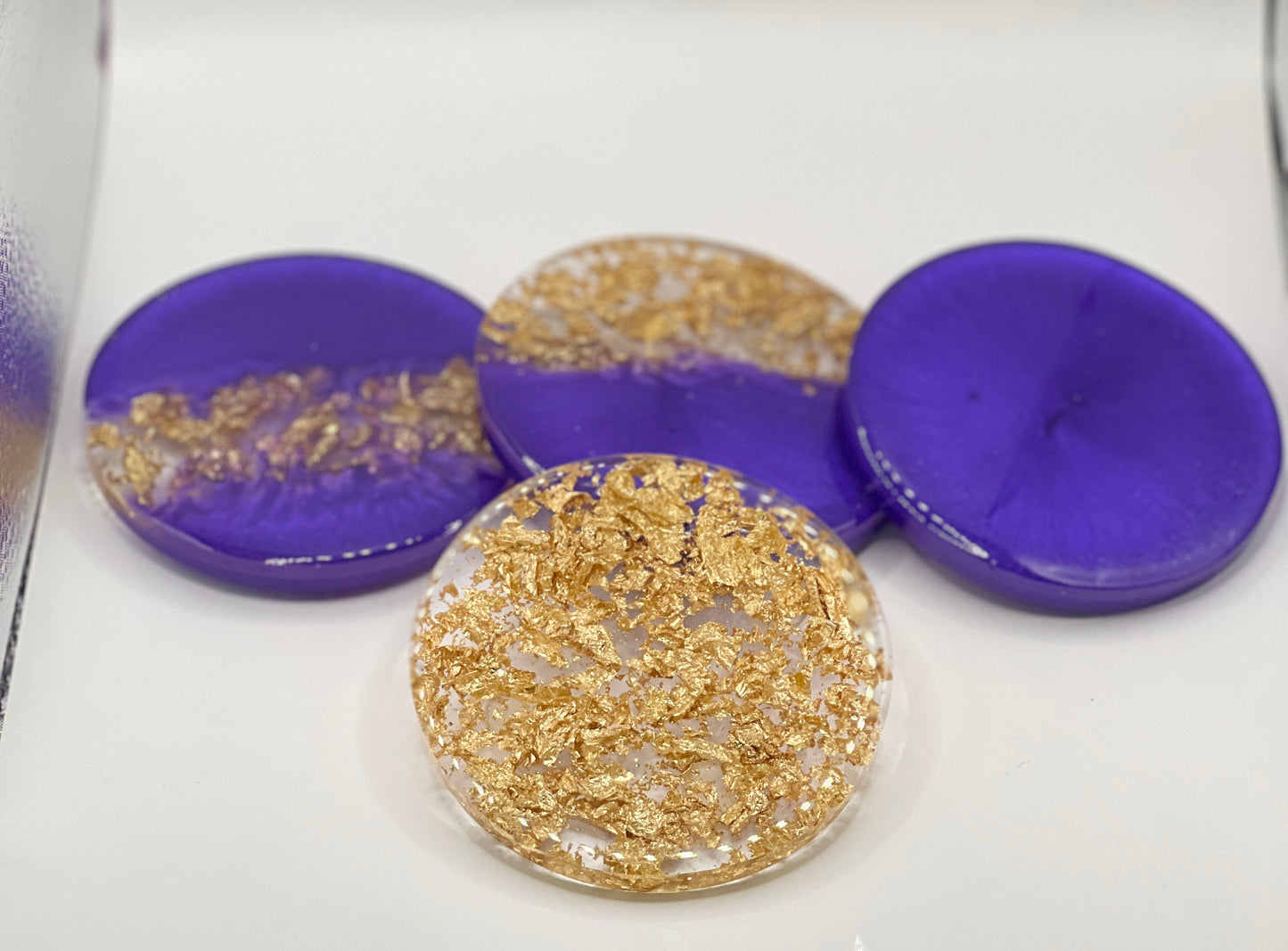 Purple and Gold Leaf Resin Coasters with Holder. Set of 4 Round Coasters.