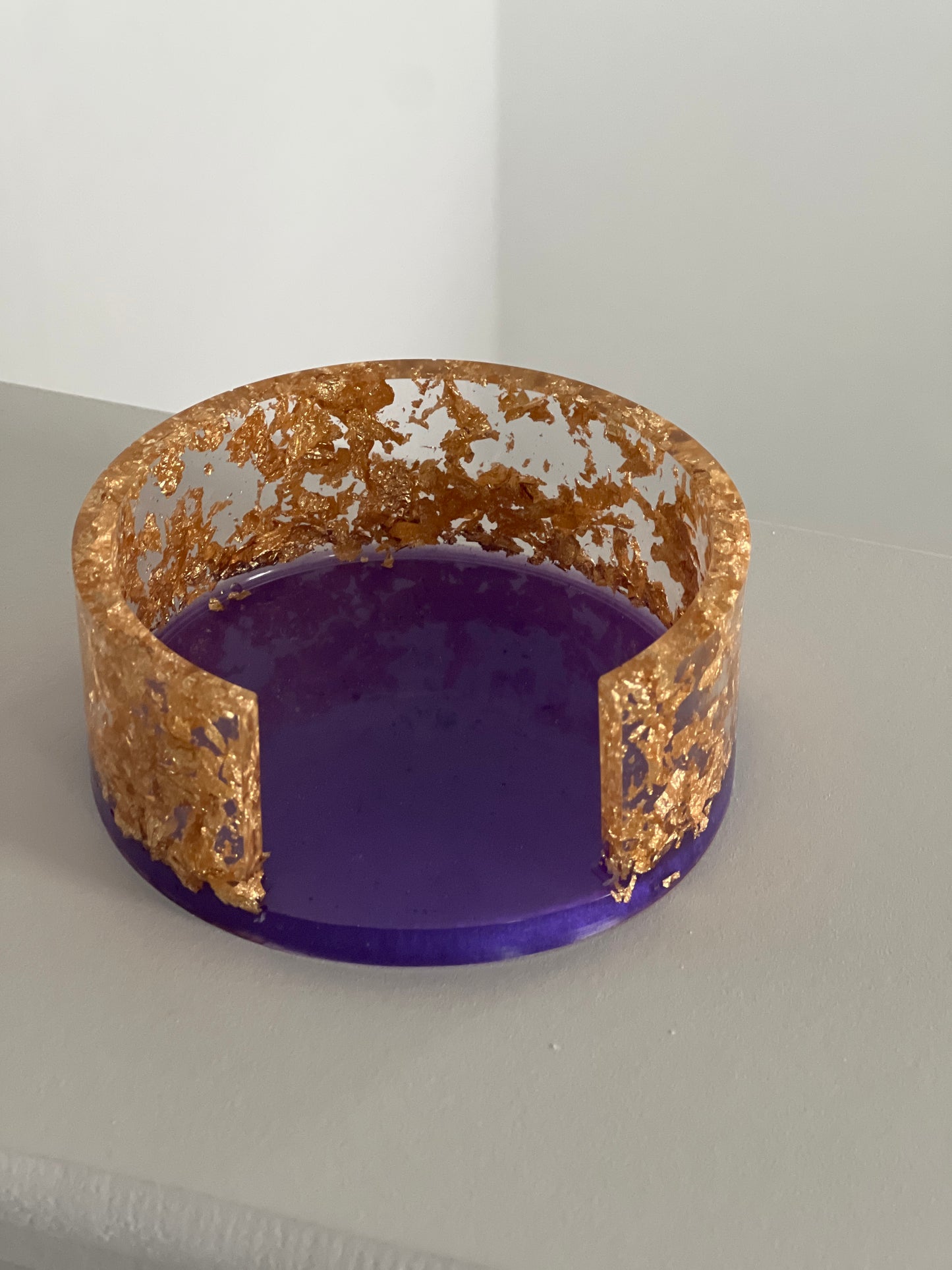 Purple and Gold Leaf Resin Coasters with Holder. Set of 4 Round Coasters.