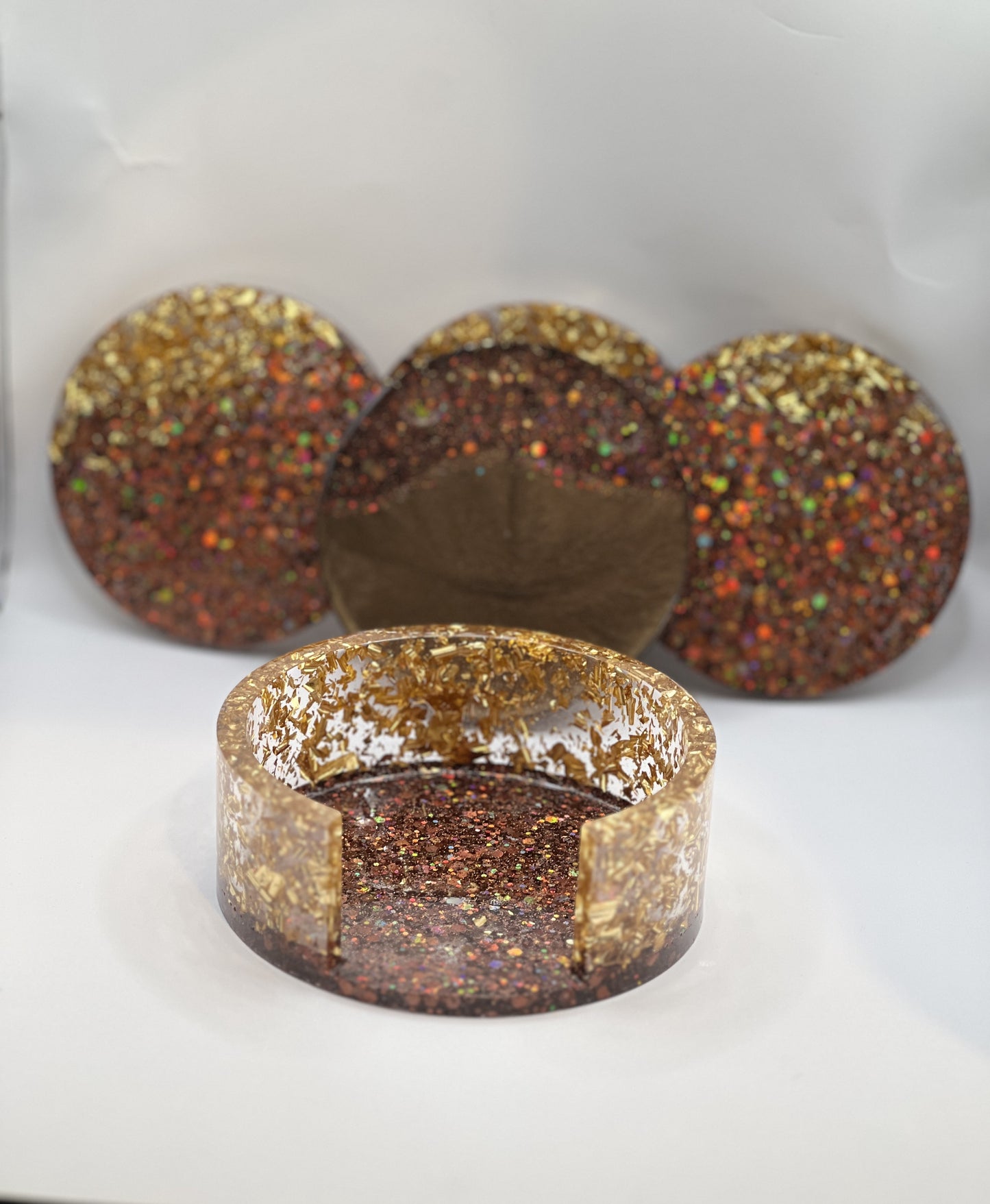 Circle Coaster Sets, Resin Coaster Sets, Brown Coasters with Gold Flakes, Handmade Resin Coasters,
