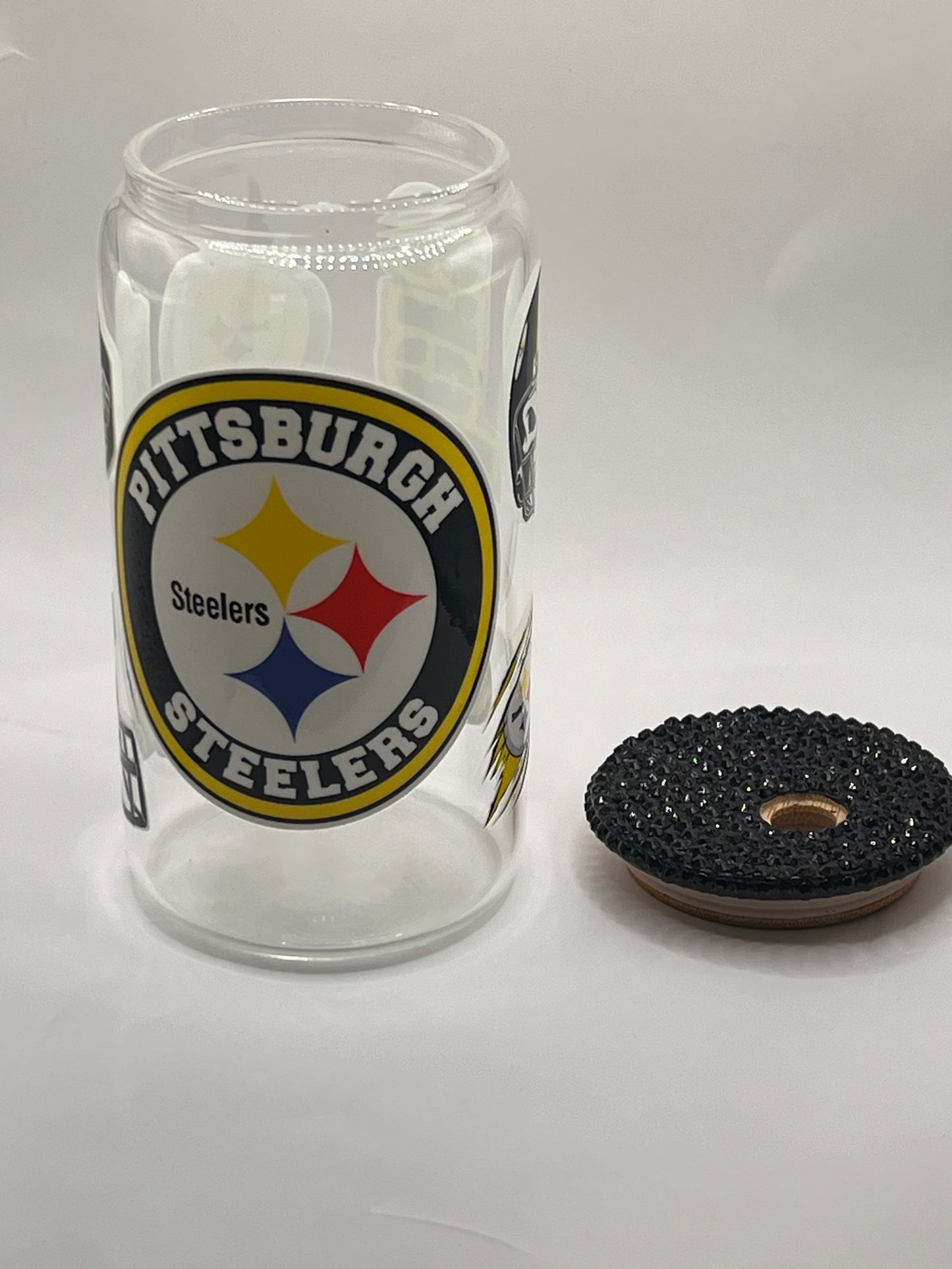 Pittsburgh Steelers Glass Cup With A Black Decorative Lid