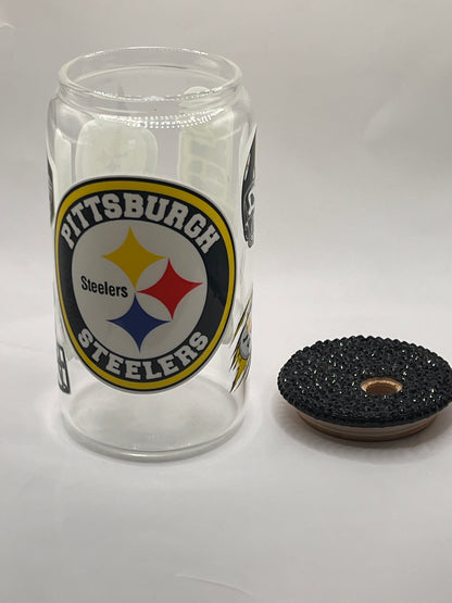 Pittsburgh Steelers Glass Cup With A Black Decorative Lid