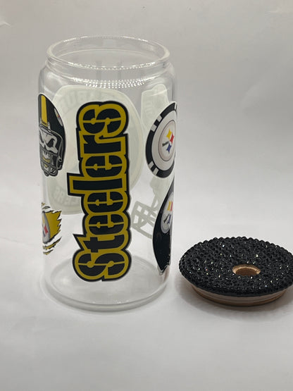 Pittsburgh Steelers Glass Cup With A Black Decorative Lid