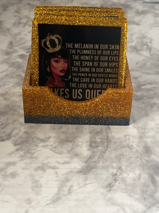 Gold And Black Glitter Coaster Holder With Black Accent