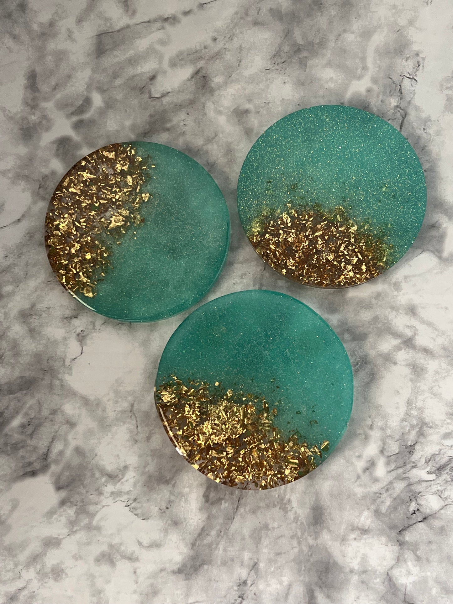 Resin Coaster Set With Holder In Teal And Gold