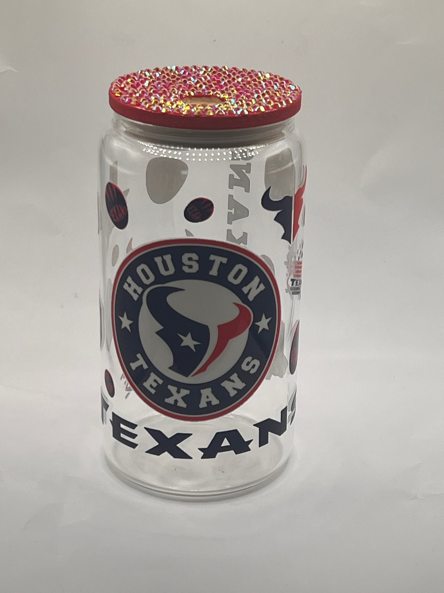 Houston Texans Clear Glass Cup With Decorative Lid - Red , Blue and White