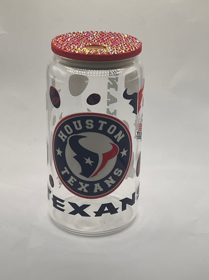Houston Texans Clear Glass Cup With Decorative Lid - Red , Blue and White