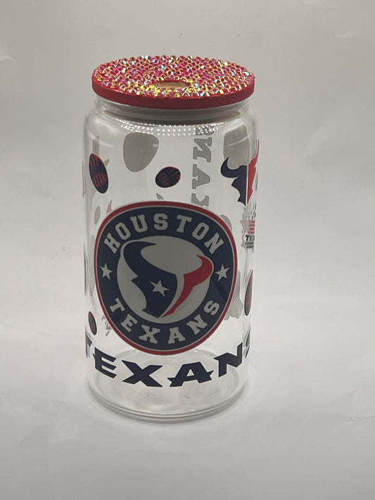 Houston Texans Clear Glass Cup With Decorative Lid - Red , Blue and White