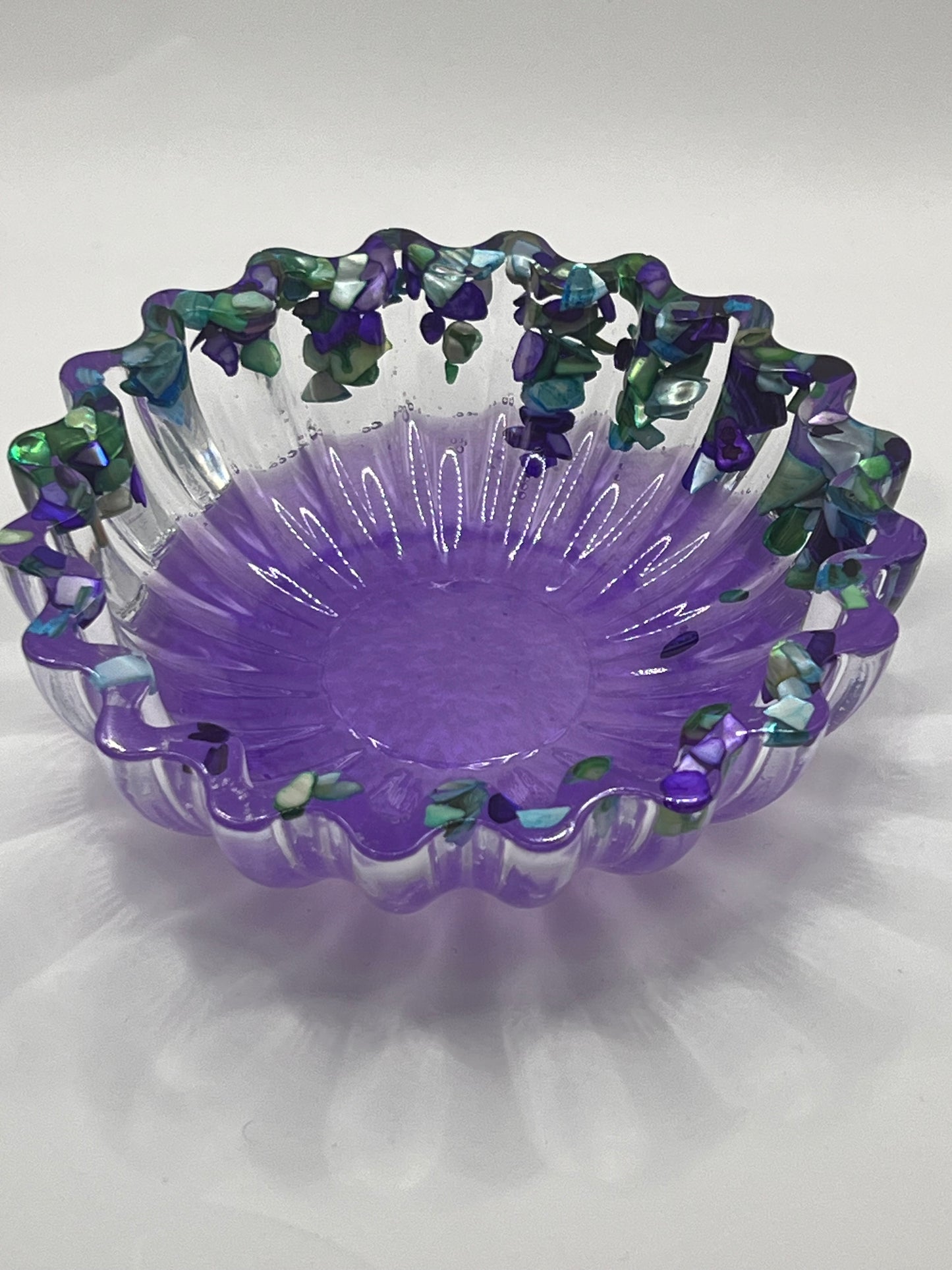Artisan Purple Resin Ruffled Serving Bowl With Green & Blue Rocks Accents