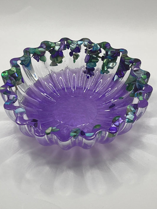 Artisan Purple Resin Ruffled Serving Bowl With Green & Blue Rocks Accents