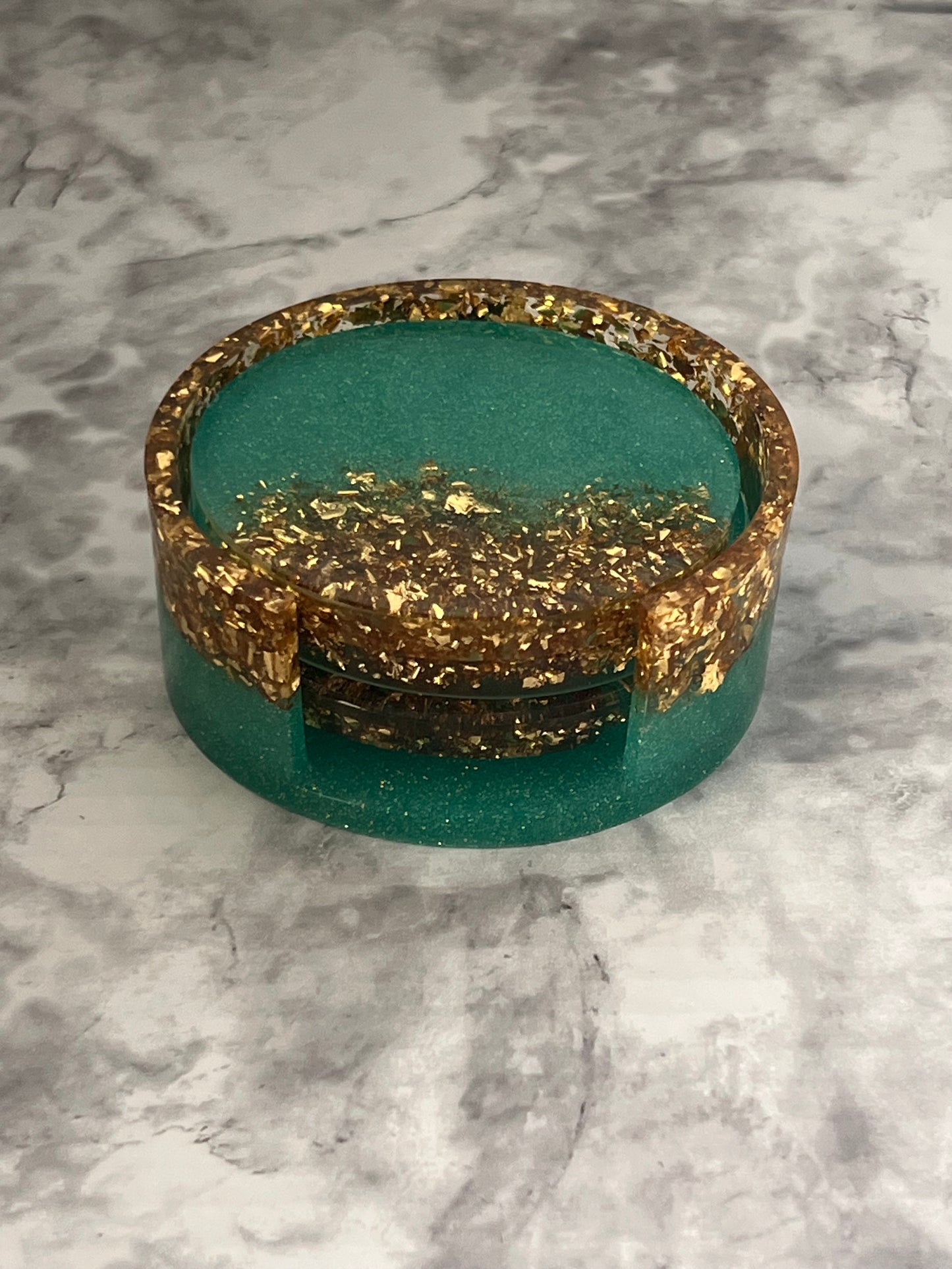 Resin Coaster Set With Holder In Teal And Gold