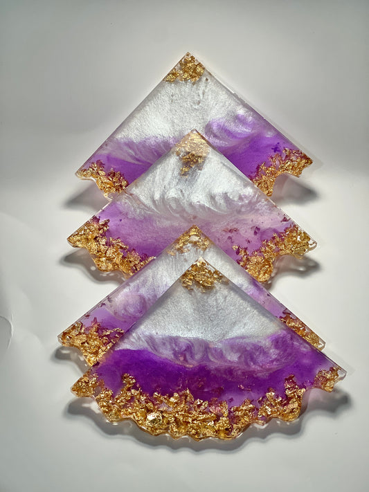 Triangle resin coasters, resin coaster set, four resin coasters, purple coasters, geode coasters