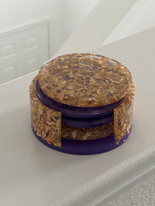 Purple and Gold Leaf Resin Coasters with Holder. Set of 4 Round Coasters.