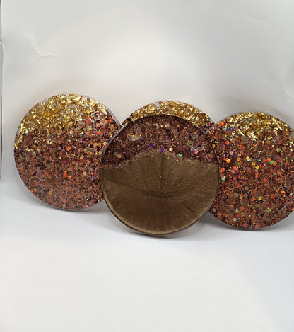 Circle Coaster Sets, Resin Coaster Sets, Brown Coasters with Gold Flakes, Handmade Resin Coasters,