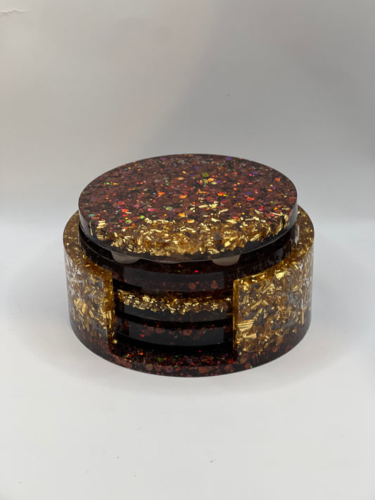 Circle Coaster Sets, Resin Coaster Sets, Brown Coasters with Gold Flakes, Handmade Resin Coasters,