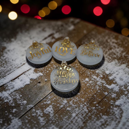 Handcrafted White Resin Christmas Ornaments with Gold Foil Lettering, Festive Word Baubles, Holiday Tree Decor & Keepsake Gifts
