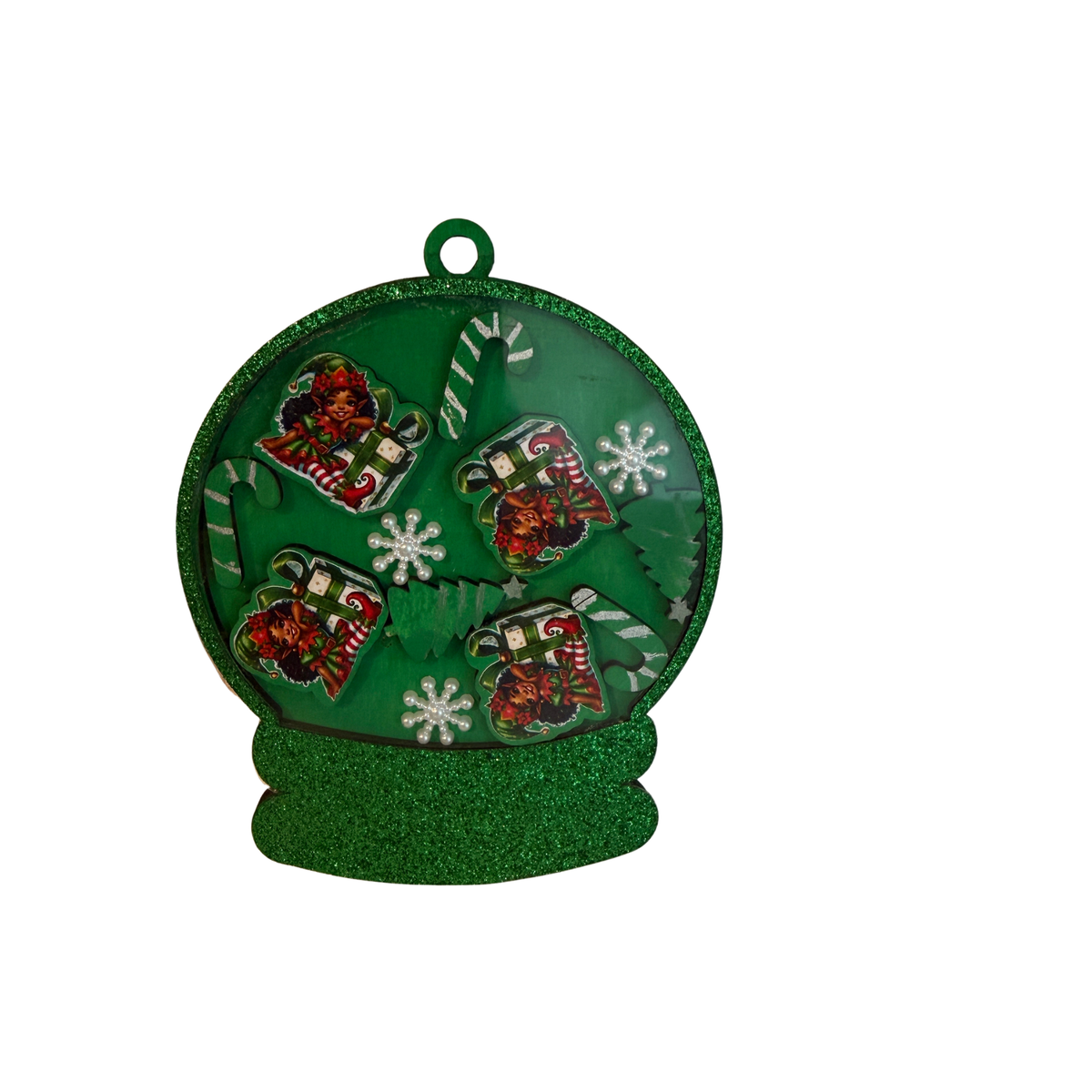 3D Layered Snow Globe Holiday Ornament with Christmas Elf Characters Green